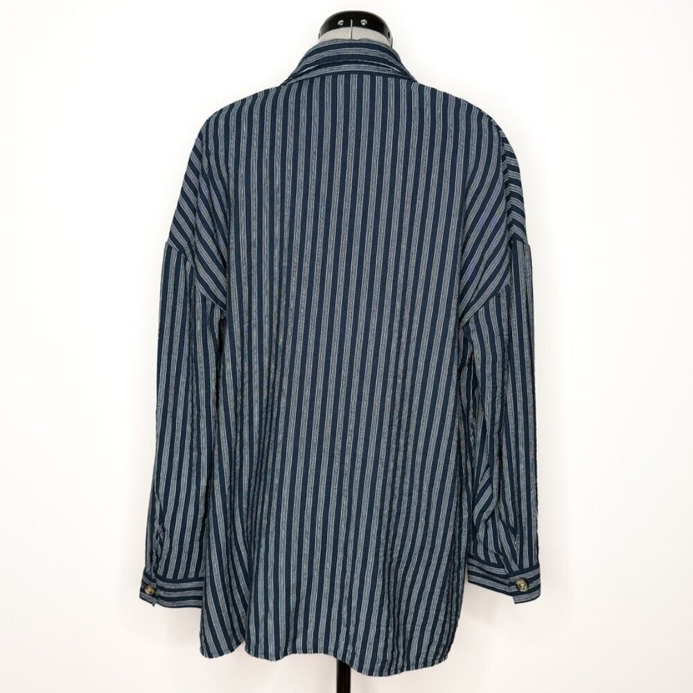 Time and Tru Nvy Blue Vertical Striped Oversized Henley Blouse - Size Large - Picture 3 of 7